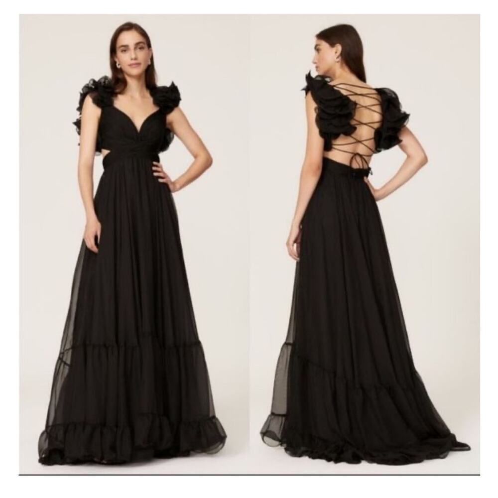 MAC DUGGAL Ieena Black Chiffon Lace Up Back Cut Out Middle Gown Dress Size 6